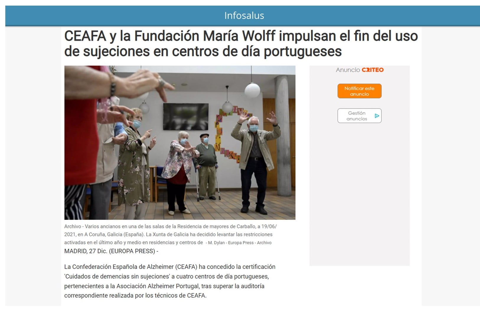 CEAFA y Fundación María Wolff impulsan los cuidados sin sujeciones en centros de Portugal