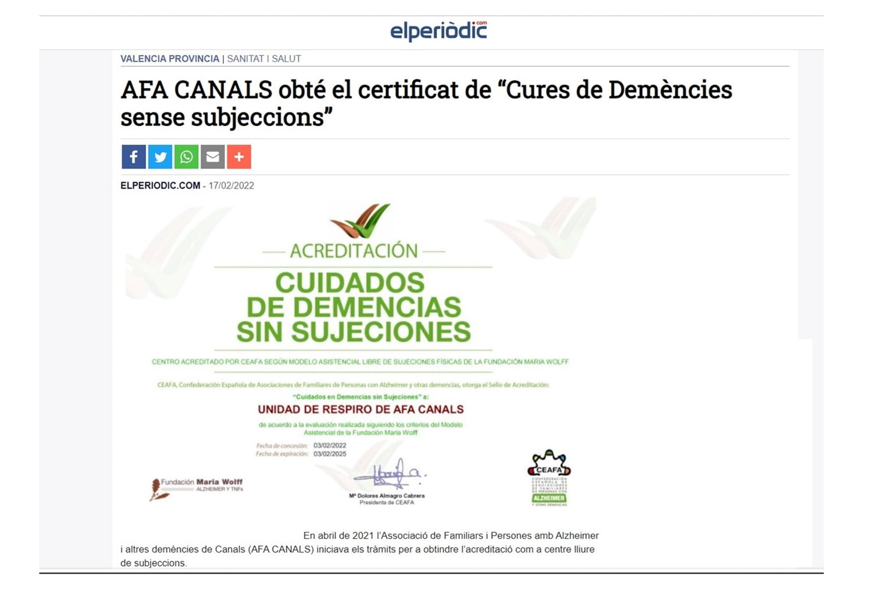 La prensa local valenciana se hace eco de la acreditación de AFA Canals como Centro Libre de Sujeciones según modelo FMW